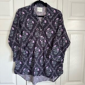 Marigold Shirt Womens XL Purple Floral Print Cotton Button Up Top Boho Tunic